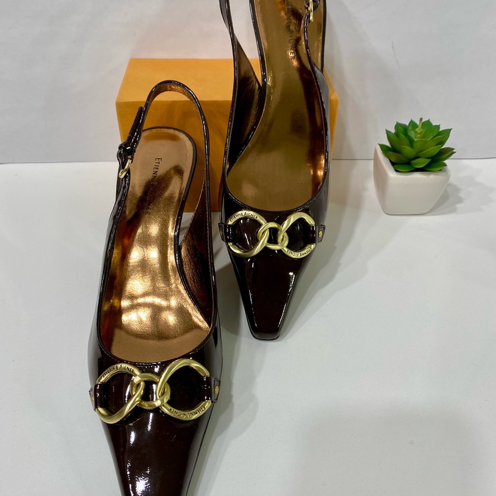 Etienne Aigner Brown Patent leather Slingback Heels w/ golden loops accents.
